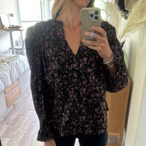 Free People Black and Pink Ruffled 3/4 Sleeve Blouse